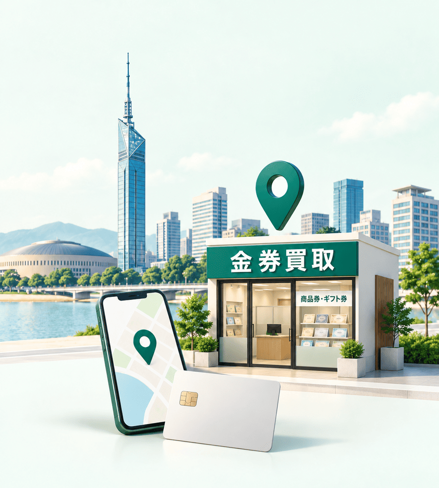 福岡タワーと街並みを背景にした金券買取店舗とスマートフォンの地図・クレジットカード